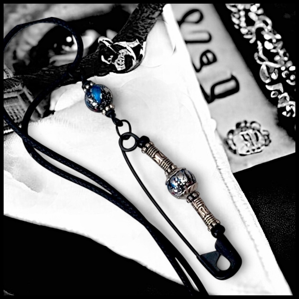 5 For $25💫Punk Rocker Black Safety Pin Beads Pendant Necklace